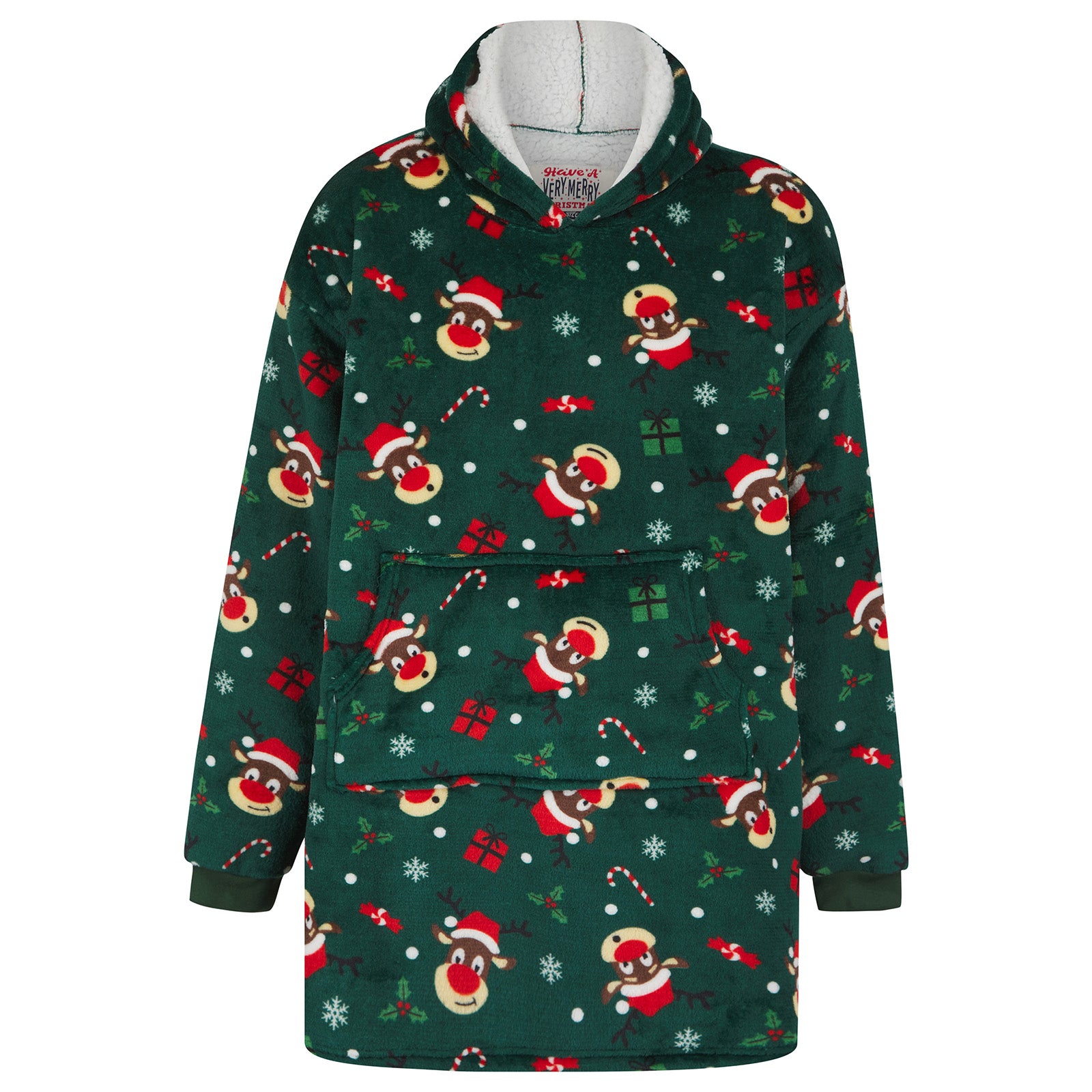 green oversized hoodie with reindeer and candy cane pattern with sherpa fleece lining